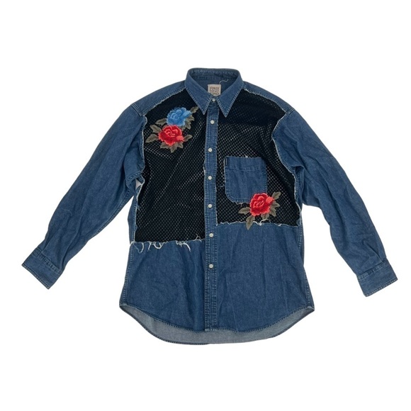 furst of a kind Tops - Furst Of A Kind Long Sleeve Floral Patched Button Up Jean Shirt Size XL Women’s
